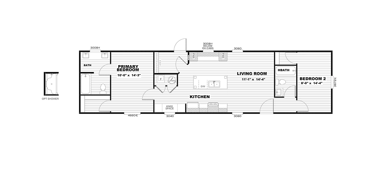 The SELECT 16602S Floor Plan. This Manufactured Mobile Home features 2 bedrooms and 2 baths.