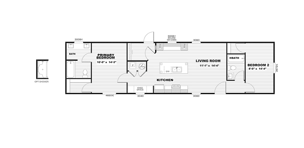 The SELECT 16602S Floor Plan. This Manufactured Mobile Home features 2 bedrooms and 2 baths.