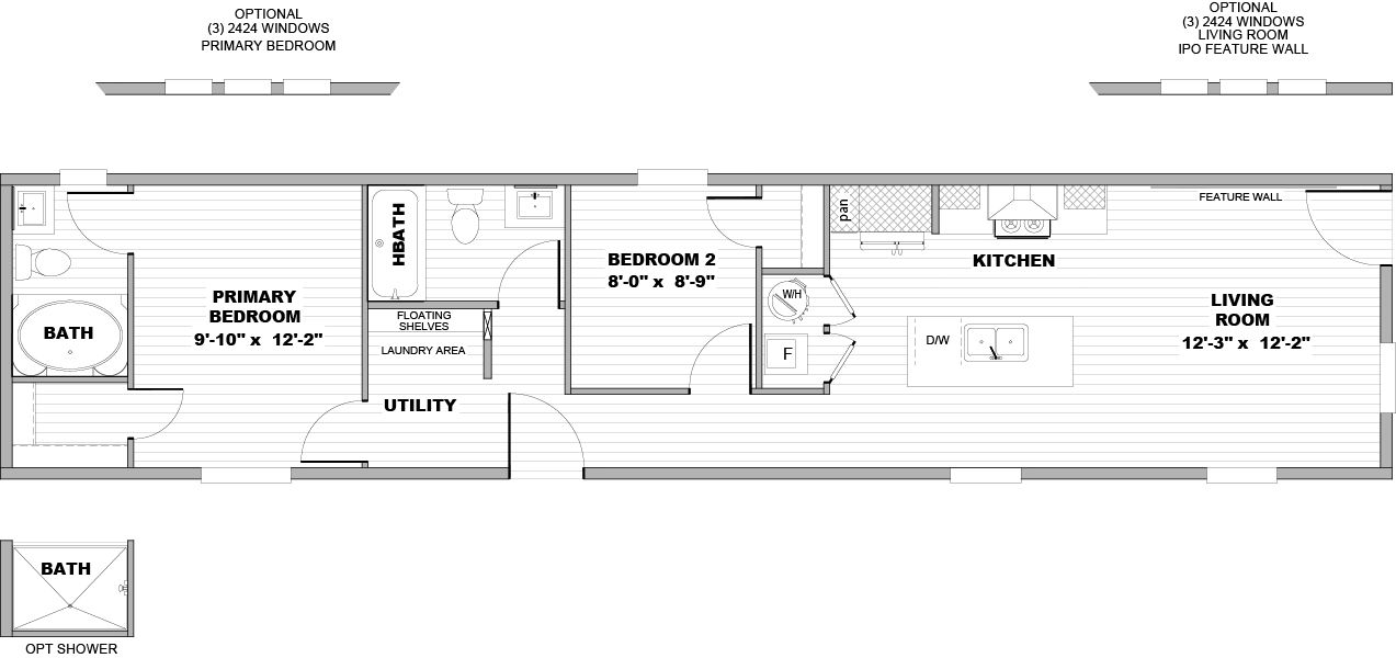 The CORTES Floor Plan. This Manufactured Mobile Home features 2 bedrooms and 2 baths.