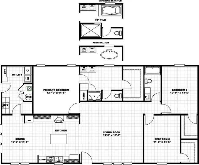 The DIAMOND Floor Plan. This Manufactured Mobile Home features 3 bedrooms and 2 baths.
