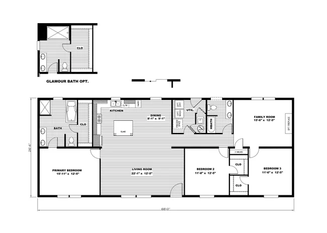 The ULTRA PRO HERCULES 28X68 3BR Floor Plan. This Manufactured Mobile Home features 3 bedrooms and 2 baths.