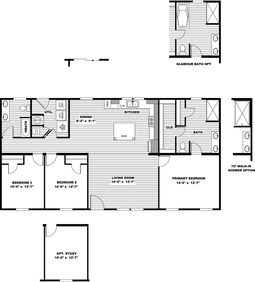 The ULTRA BREEZE EXCEL 28X52 Floor Plan. This Manufactured Mobile Home features 3 bedrooms and 2 baths.