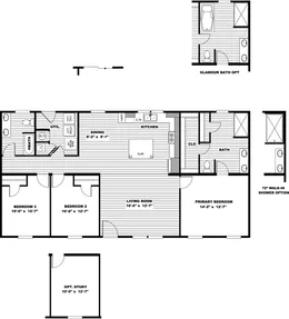 The ULTRA BREEZE EXCEL 28X52 Floor Plan. This Manufactured Mobile Home features 3 bedrooms and 2 baths.