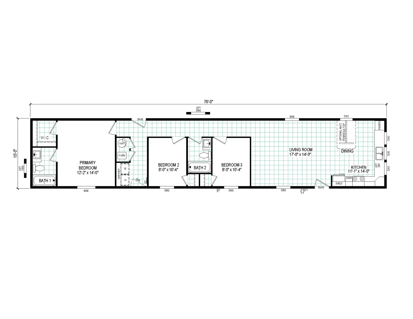 The 7616-4203 ADRENALINE Floor Plan. This Manufactured Mobile Home features 3 bedrooms and 2 baths.