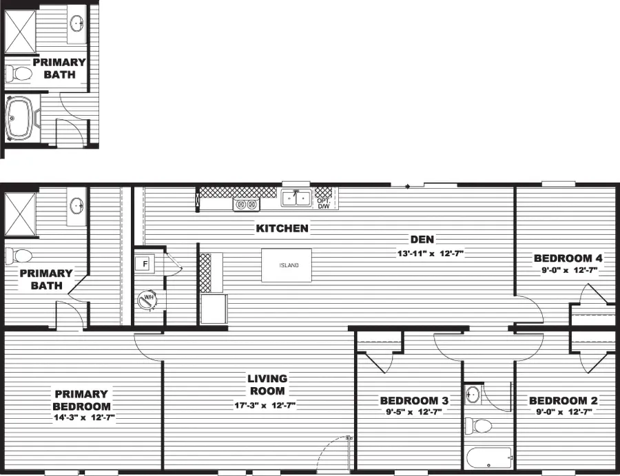 The OAK Floor Plan. This Manufactured Mobile Home features 4 bedrooms and 2 baths.