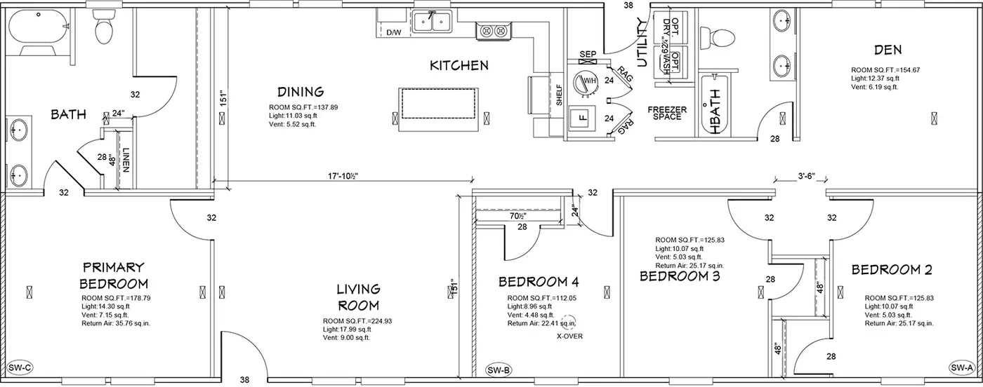 The LEGEND 28X68 Floor Plan. This Manufactured Mobile Home features 4 bedrooms and 2 baths.