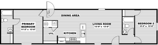 The DELIGHT Floor Plan. This Manufactured Mobile Home features 2 bedrooms and 2 baths.