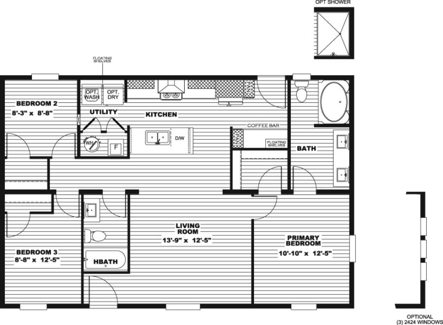 The DRAKE Floor Plan. This Manufactured Mobile Home features 3 bedrooms and 2 baths.