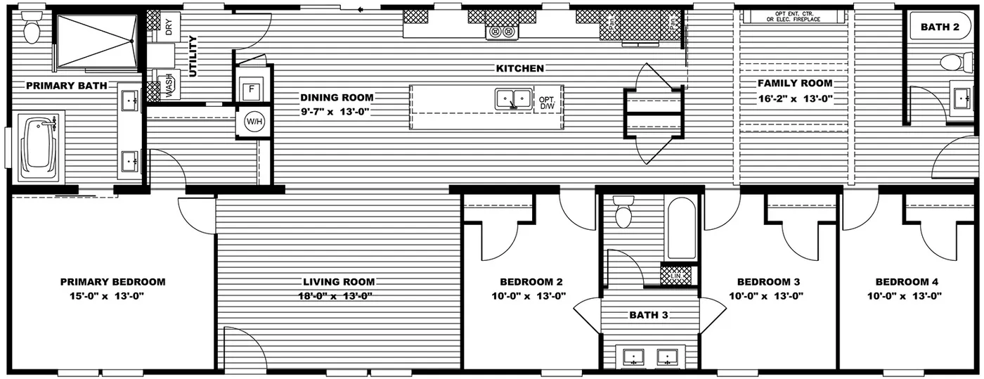 The BOUJEE XL Floor Plan. This Manufactured Mobile Home features 4 bedrooms and 3 baths.