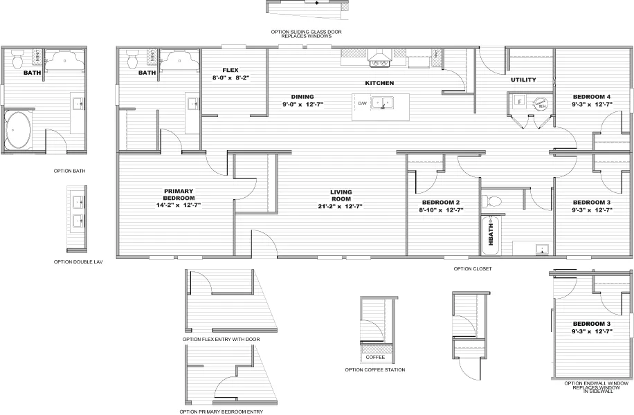 The IMPACT Floor Plan. This Manufactured Mobile Home features 4 bedrooms and 2 baths.