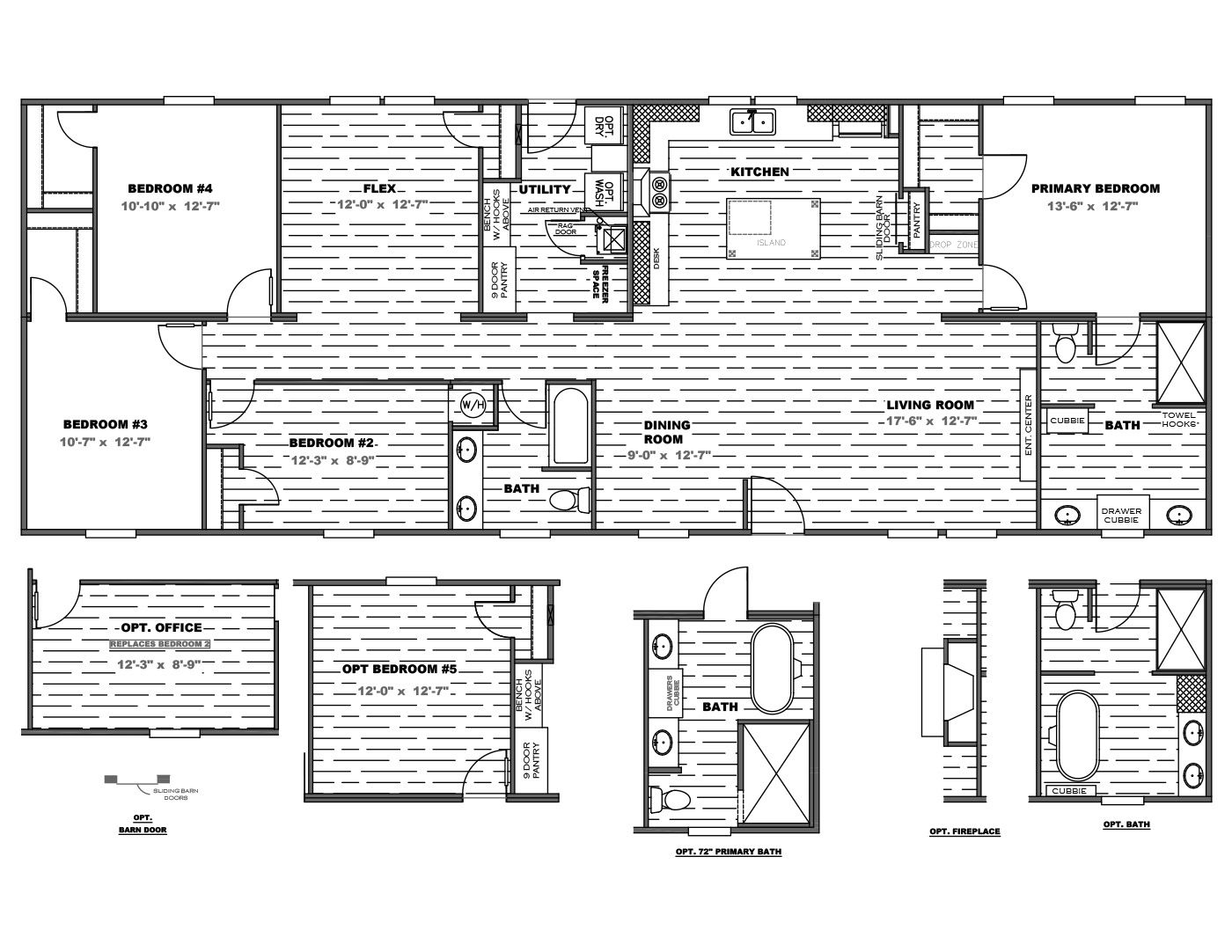 The FARMHOUSE BREEZE 72 Floor Plan. This Manufactured Mobile Home features 4 bedrooms and 2 baths.