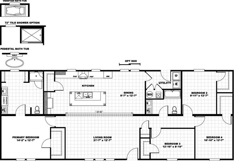 The PEARL Floor Plan. This Manufactured Mobile Home features 4 bedrooms and 2 baths.