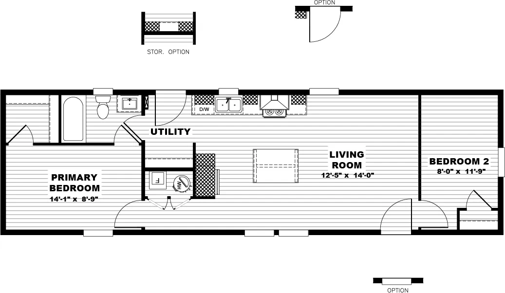 The LAYLA Floor Plan. This Manufactured Mobile Home features 2 bedrooms and 1 bath.