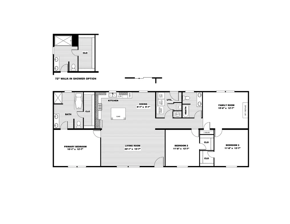 The ULTRA EXCEL HERCULES 28X68 3BR Floor Plan. This Manufactured Mobile Home features 3 bedrooms and 2 baths.