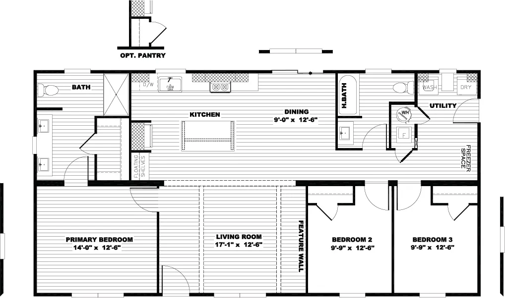 The WILDER Floor Plan. This Manufactured Mobile Home features 3 bedrooms and 2 baths.