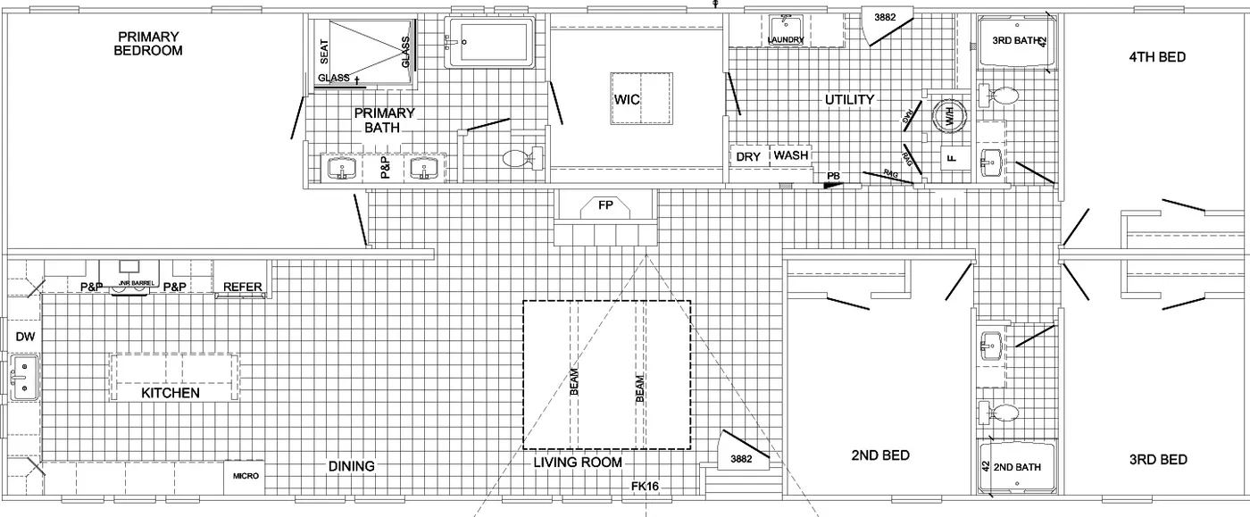 The HUXTON II Floor Plan. This Manufactured Mobile Home features 4 bedrooms and 3 baths.