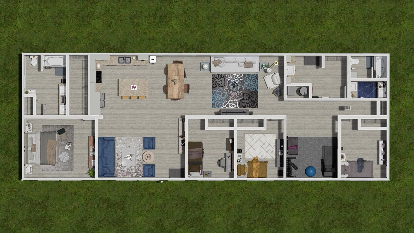 The 5425 "RIDGE" 7628 Floor Plan. This Manufactured Mobile Home features 4 bedrooms and 2 baths.