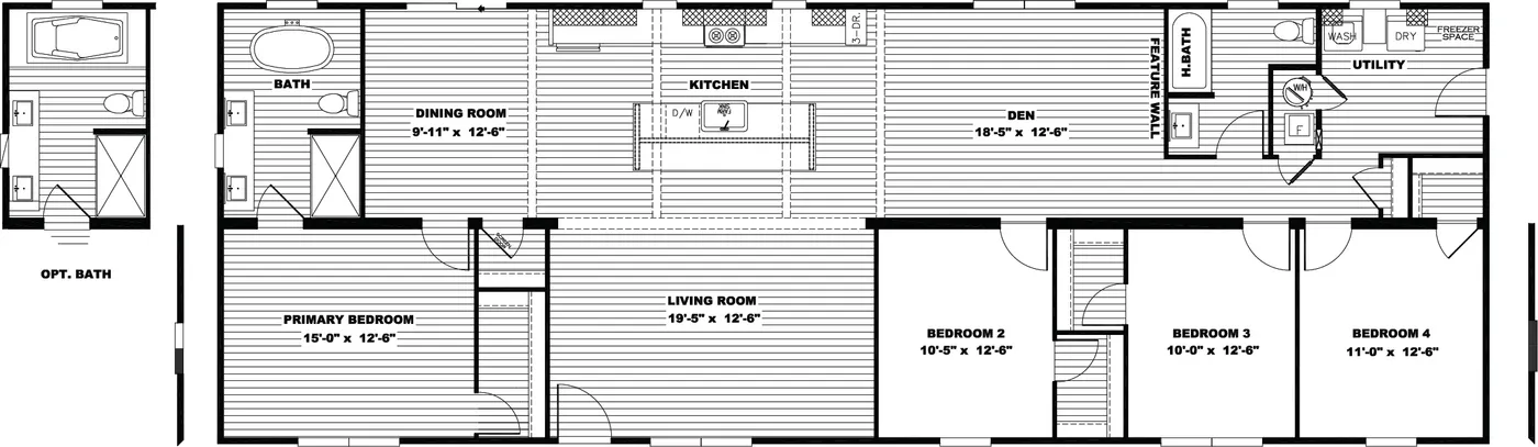 The NELLIE Floor Plan. This Manufactured Mobile Home features 4 bedrooms and 2 baths.