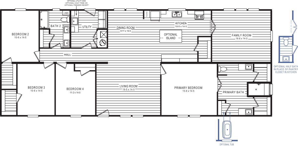 The 5430 "UWHARRIE" 7632 Floor Plan. This Manufactured Mobile Home features 4 bedrooms and 2 baths.