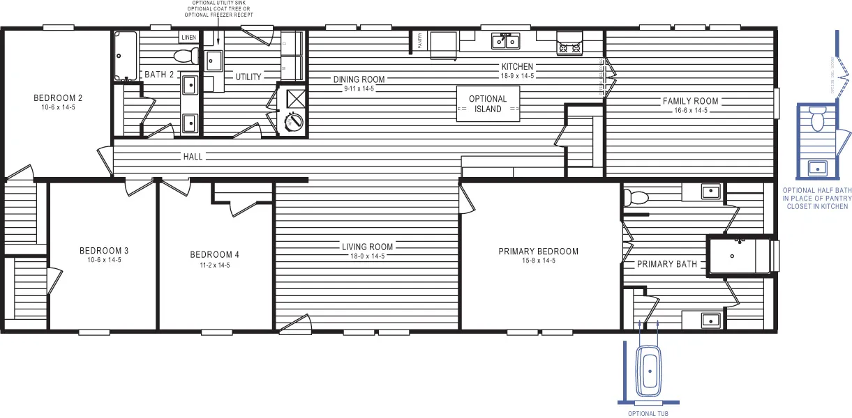 The 5430 "UWHARRIE" 7632 Floor Plan. This Manufactured Mobile Home features 4 bedrooms and 2 baths.