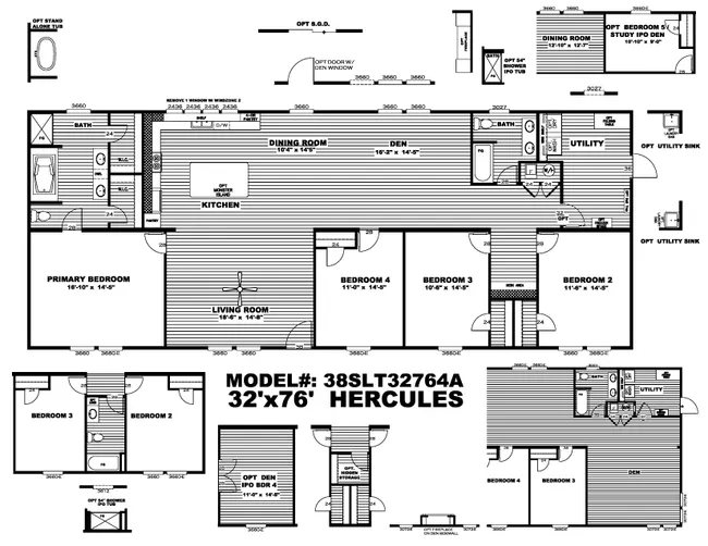 The HERCULES Floor Plan. This Manufactured Mobile Home features 4 bedrooms and 2 baths.