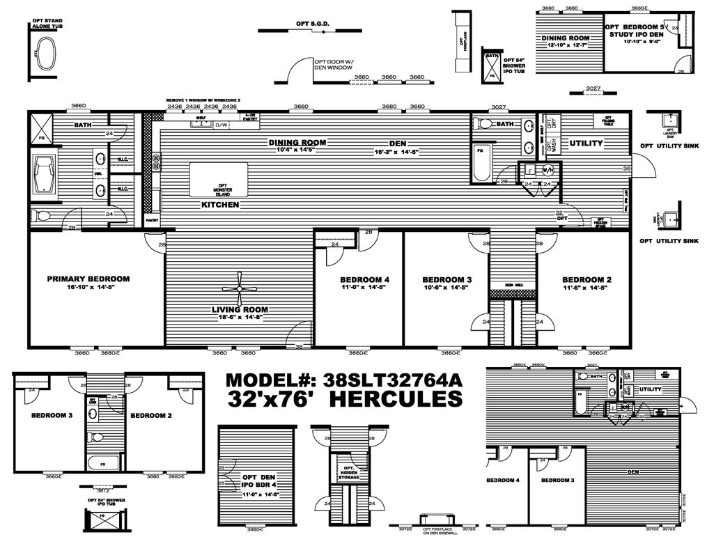 The HERCULES Floor Plan. This Manufactured Mobile Home features 4 bedrooms and 2 baths.