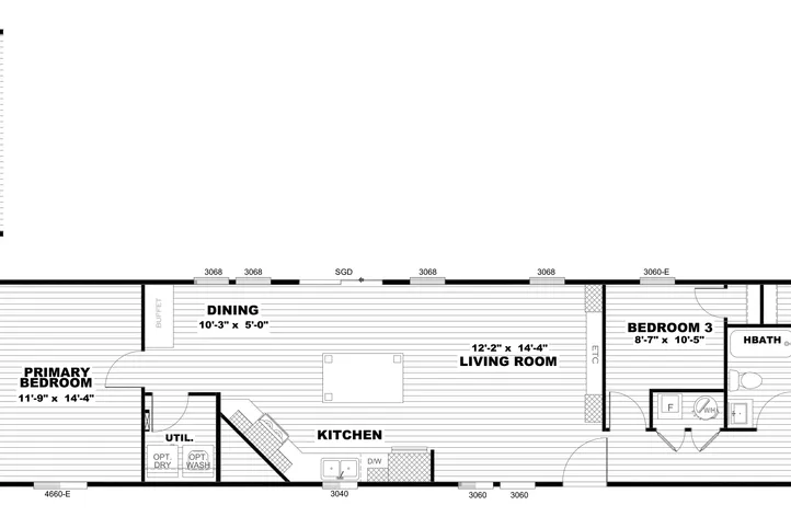 The RESOLUTION 16763J Floor Plan. This Manufactured Mobile Home features 3 bedrooms and 2 baths.