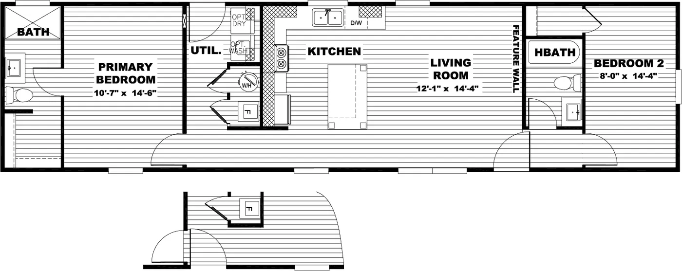The LEVI Floor Plan. This Manufactured Mobile Home features 2 bedrooms and 2 baths.