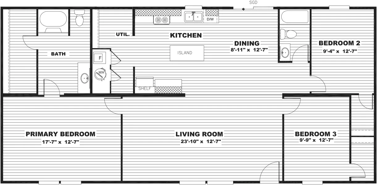 The THRILL Floor Plan. This Manufactured Mobile Home features 3 bedrooms and 2 baths.