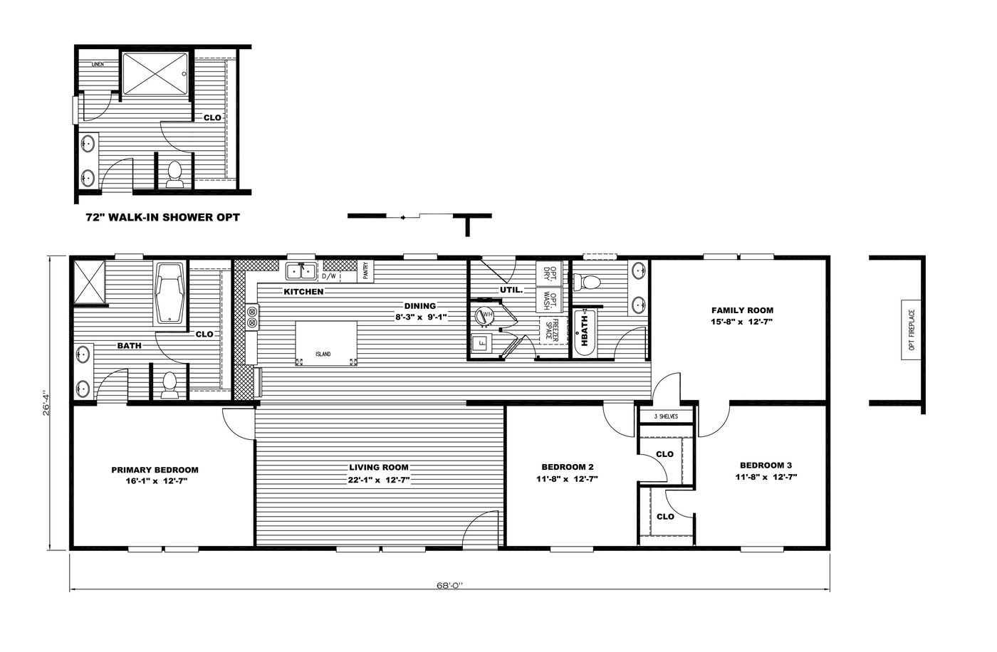 The ULTRA PRO HERCULES 28X68 3BR Floor Plan. This Manufactured Mobile Home features 3 bedrooms and 2 baths.