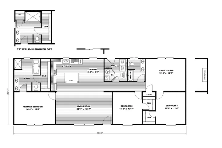 The ULTRA PRO HERCULES 28X68 3BR Floor Plan. This Manufactured Mobile Home features 3 bedrooms and 2 baths.