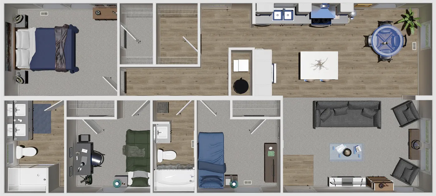 The THREE LITTLE BIRDS Floor Plan. This Manufactured Mobile Home features 3 bedrooms and 2 baths.