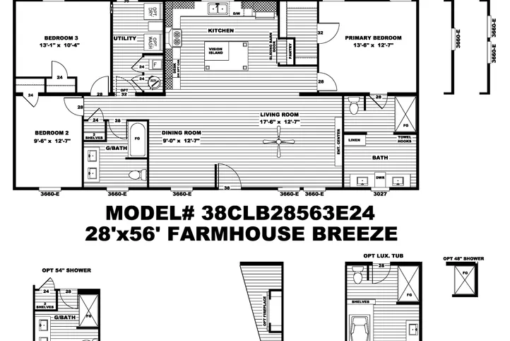 The BREEZE FARMHOUSE Floor Plan. This Manufactured Mobile Home features 3 bedrooms and 2 baths.