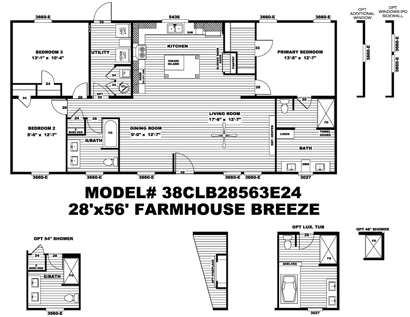 The BREEZE FARMHOUSE Floor Plan. This Manufactured Mobile Home features 3 bedrooms and 2 baths.