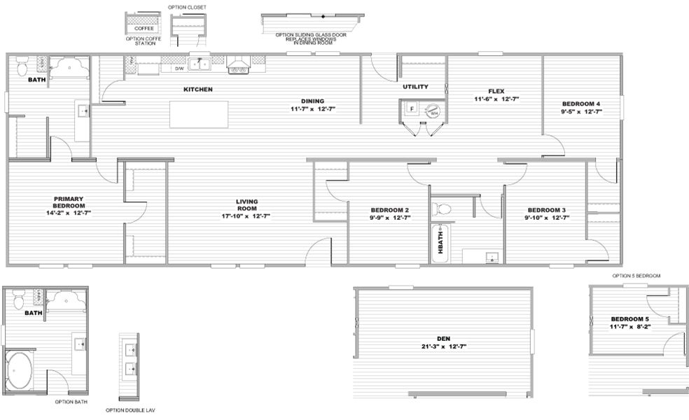 The AMBITION Floor Plan. This Manufactured Mobile Home features 4 bedrooms and 2 baths.