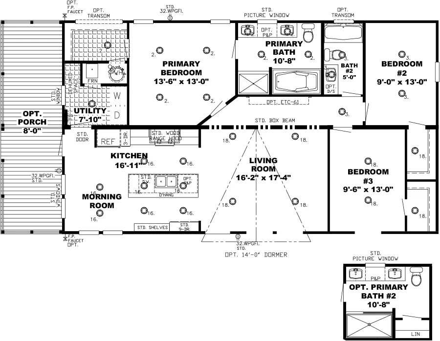The THE SOUTHERN FARMHOUSE Floor Plan. This Manufactured Mobile Home features 3 bedrooms and 2 baths.