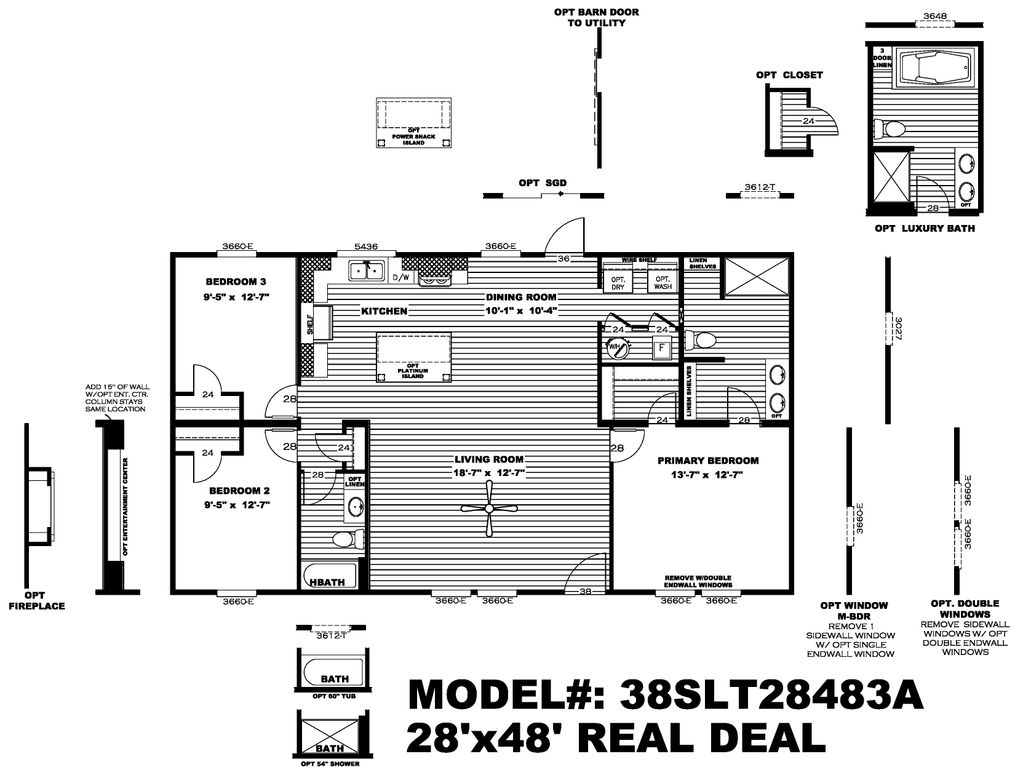 The THE REAL DEAL Floor Plan. This Manufactured Mobile Home features 3 bedrooms and 2 baths.