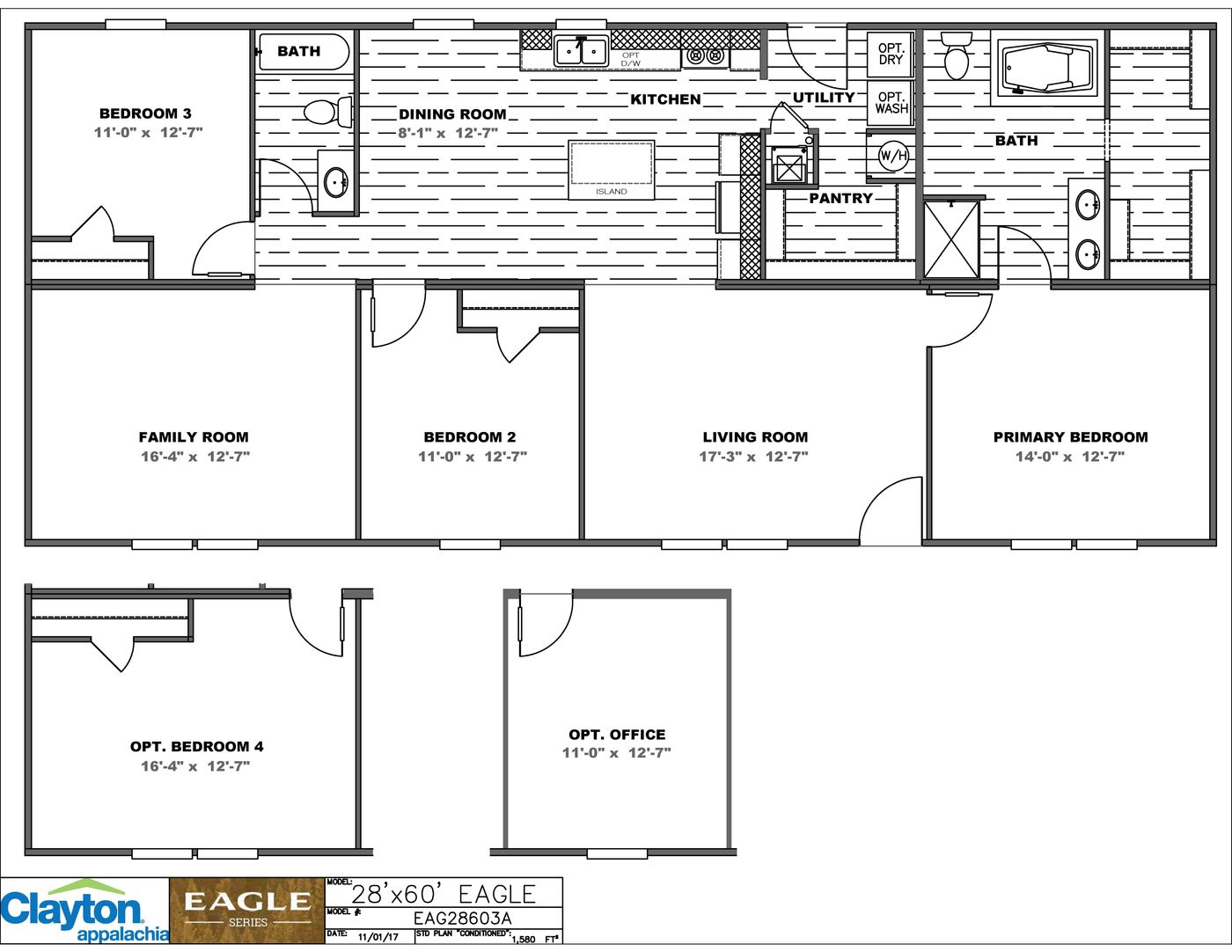 The THE EAGLE 60 Floor Plan. This Manufactured Mobile Home features 3 bedrooms and 2 baths.