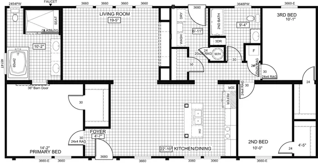 The THE FRANKLIN Floor Plan. This Manufactured Mobile Home features 3 bedrooms and 2 baths.