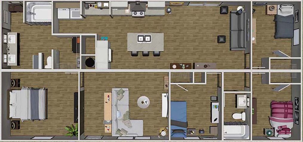 The BOONE   28X56 Floor Plan. This Manufactured Mobile Home features 4 bedrooms and 2 baths.