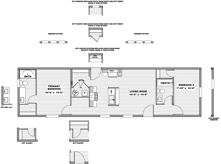 The SPIRIT Floor Plan. This Manufactured Mobile Home features 2 bedrooms and 2 baths.