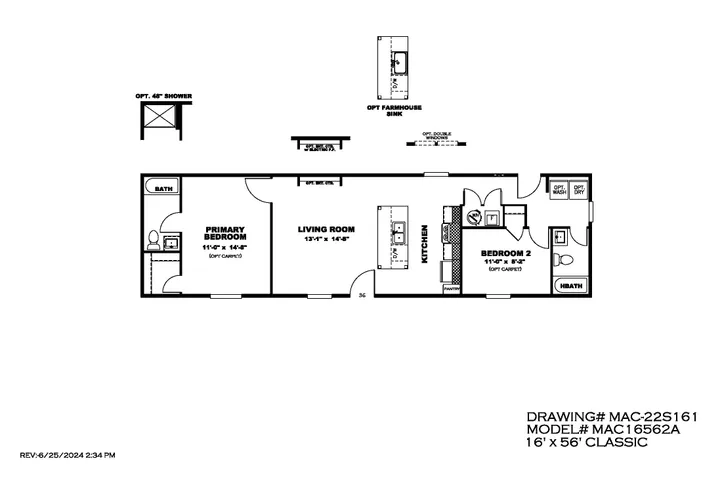 The MAYNARDVILLE CLASSIC 56 Floor Plan. This Manufactured Mobile Home features 2 bedrooms and 2 baths.
