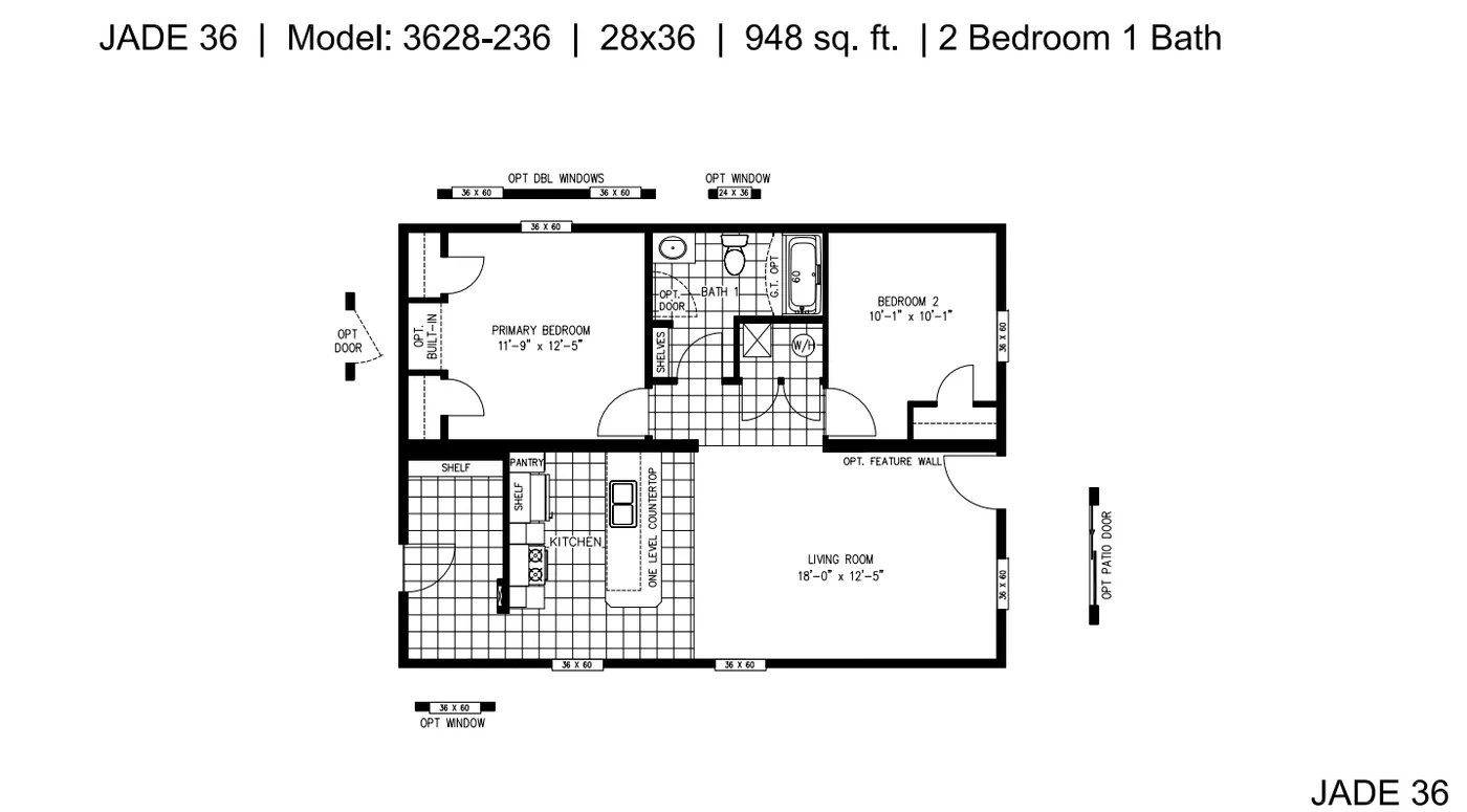 The JADE Floor Plan. This Manufactured Mobile Home features 2 bedrooms and 1 bath.