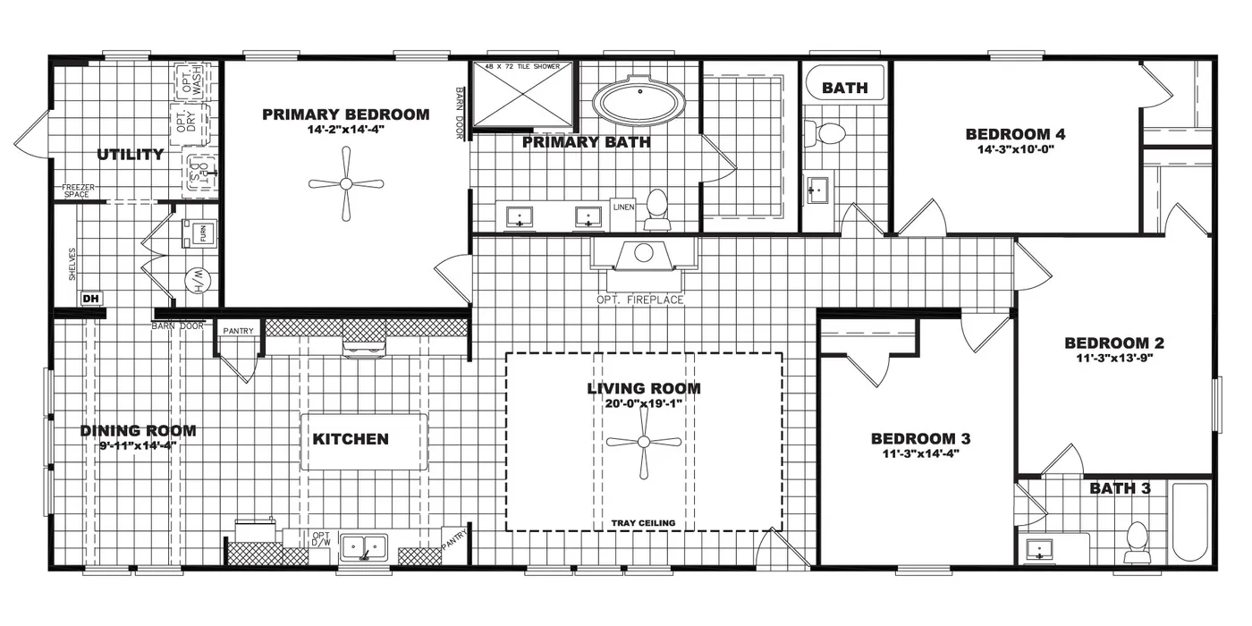 The THE VAIL 4 Floor Plan. This Manufactured Mobile Home features 4 bedrooms and 3 baths.