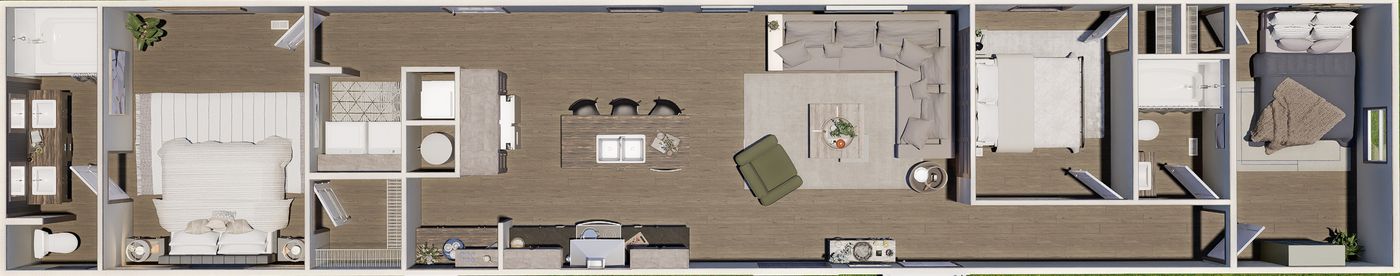 The ZION Floor Plan. This Manufactured Mobile Home features 3 bedrooms and 2 baths.