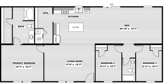 The MARVELOUS 3 Floor Plan. This Manufactured Mobile Home features 3 bedrooms and 2 baths.