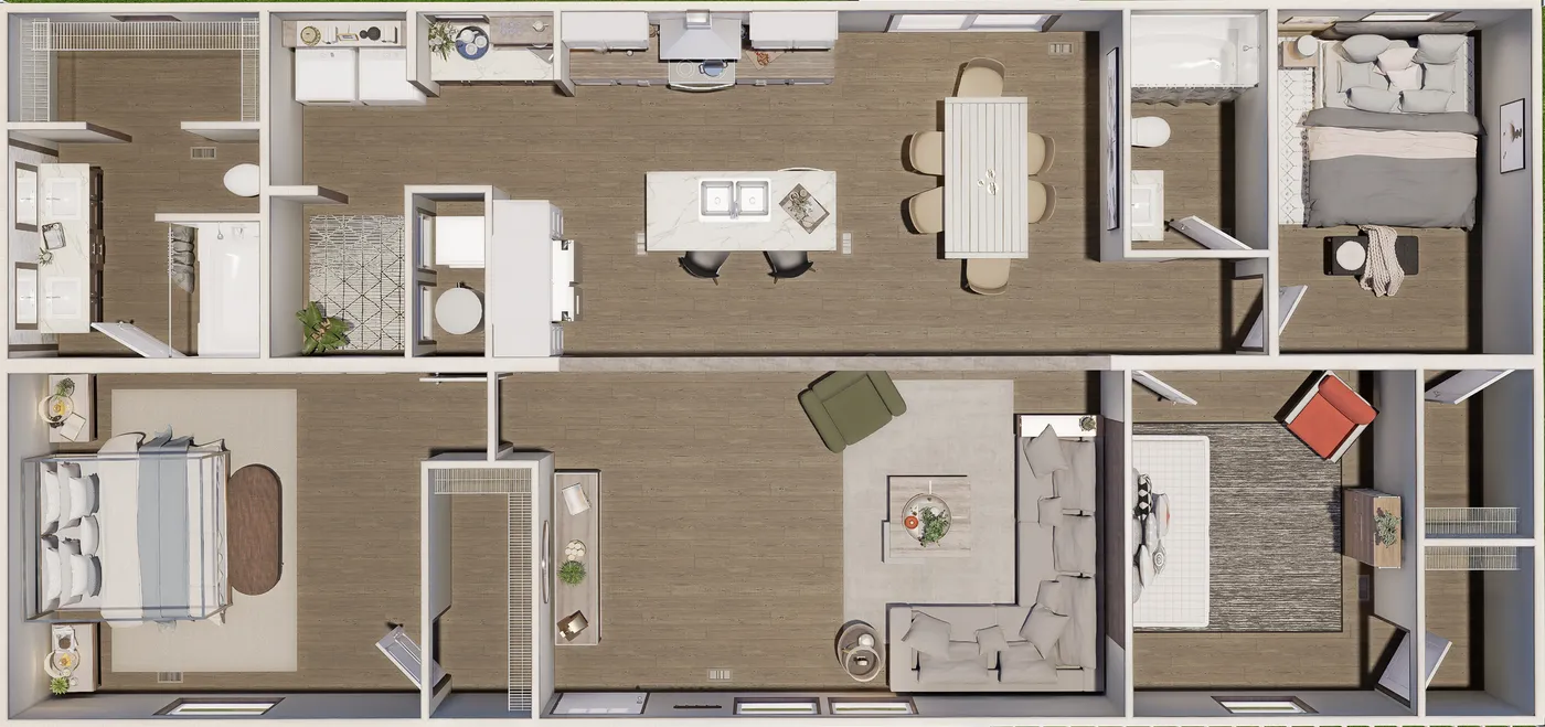 The RIO Floor Plan. This Manufactured Mobile Home features 3 bedrooms and 2 baths.