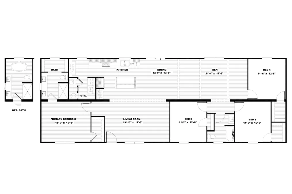 The TINSLEY Floor Plan. This Manufactured Mobile Home features 4 bedrooms and 2 baths.