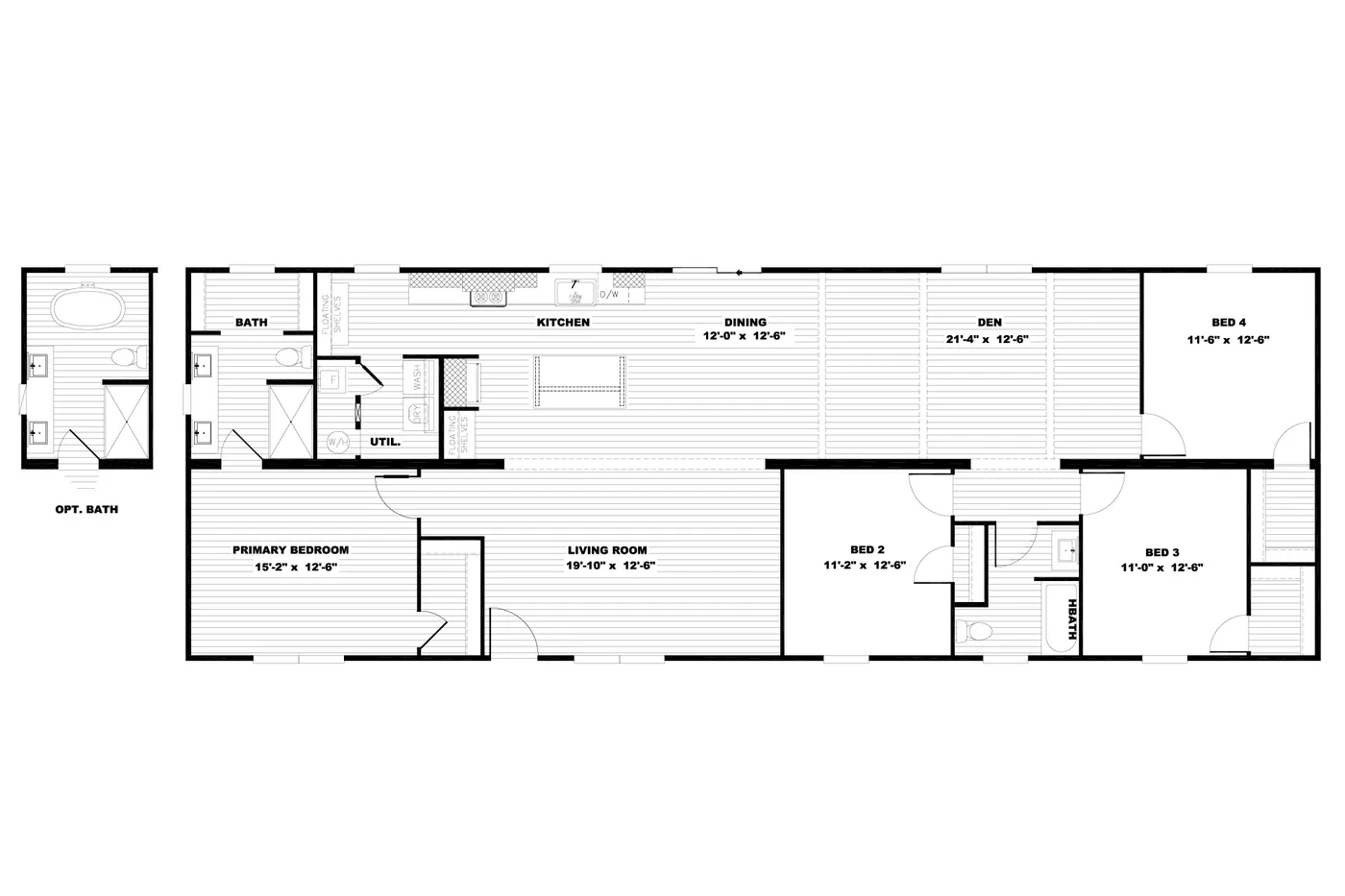 The TINSLEY Floor Plan. This Manufactured Mobile Home features 4 bedrooms and 2 baths.