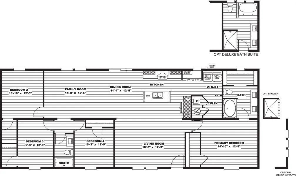 The MOROCCO Floor Plan. This Manufactured Mobile Home features 4 bedrooms and 2 baths.